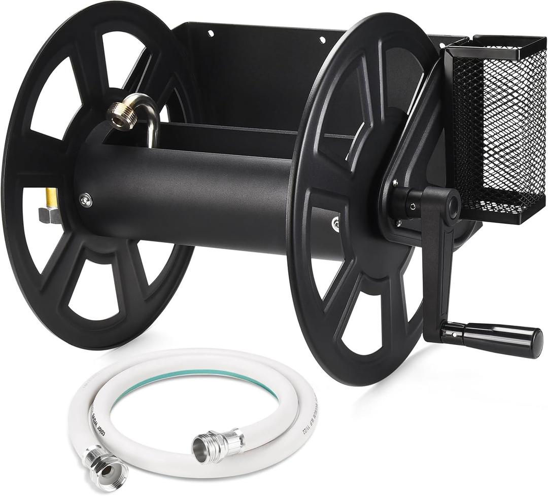 AugFir Garden Wall Mounted Hose Reel, Metal Hose Reel, Holds 125ft of 5/8-Inch Hose(Not equipped), Equipped with 3.9ft Water Supply Hose and Small Storage Basket, Suitable for Gardens & Yards(Black)