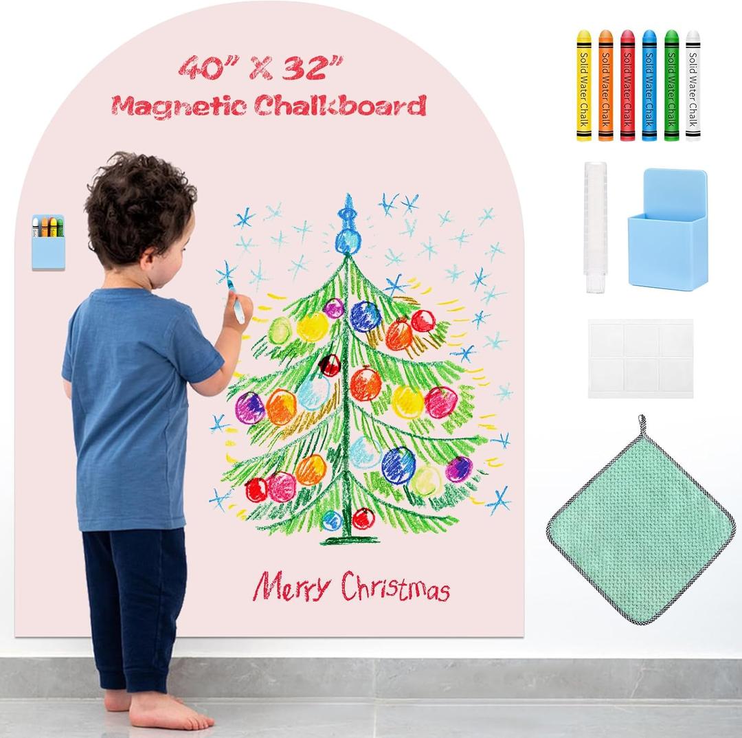 Magnetic Wall Decal for Kids, 40"x32" Arch Chalkboard, Self-Adhesive Sticker Board with Chalk Holder, Wipe Cloth etc., Magnetic Wallpaper for Playroom, Home (Pink)