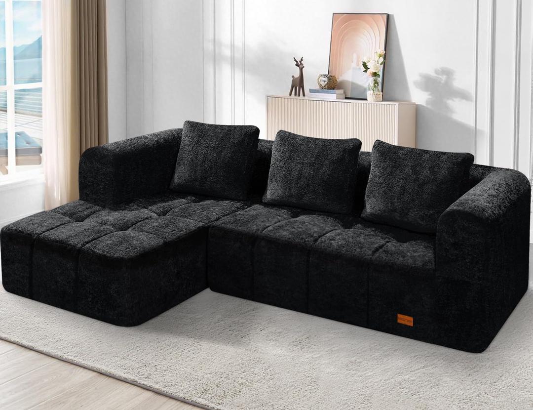 HABUTWAY 103" L-Shaped Modular Sectional Sofa, No Assembly Required Deep Seat Couch with 3 Pillows, Soft Fabric Upholstered, Modern Chaise Lounge for Living Room, Bedroom, Black