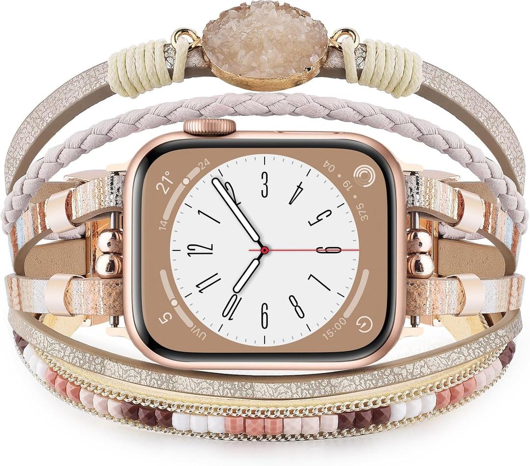 KOREDA Boho Leather Bracelet Compatible for Apple Watch Band 38mm 40mm 41mm 42mm 44mm 45mm 46mm Series 10 9 8 7 SE Women, Handmade Multilayer Wrap Beaded Jewelry Apple Watch Strap for iWatch Series 6/5/4/3/2/1
