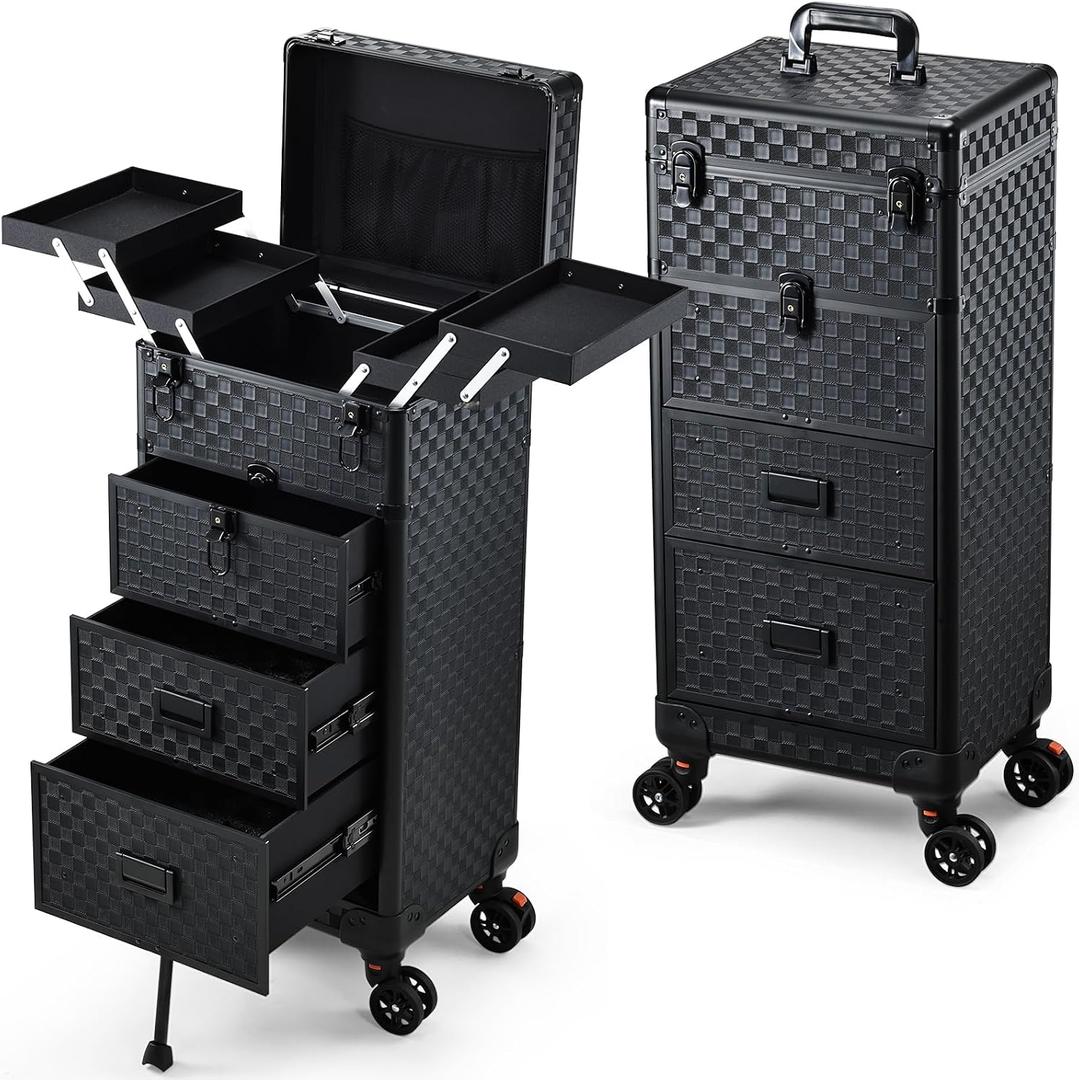 Stagiant Rolling Makeup Case with Drawers Cosmetology Case on Wheels 4 IN 1 Makeup Case 3 Drawers with Foot Stand Spring-release Mechanism Rolling Make Up Organizer for Artist Salon Nail Teach Trunk