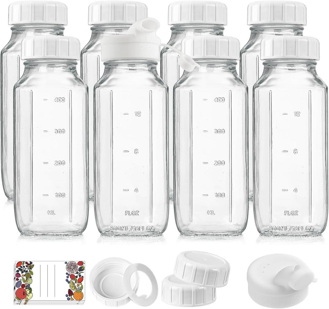 8 Pack 16 Oz Reusable Glass Milk Bottles w 100% Airtight Heavy Duty SCREW Lid & 2 Pour Spouts - Glass Juice Bottles w Capacity Mark - Beverage Drinking Jar Juice Container Breast Milk(Extra 2 Lids)