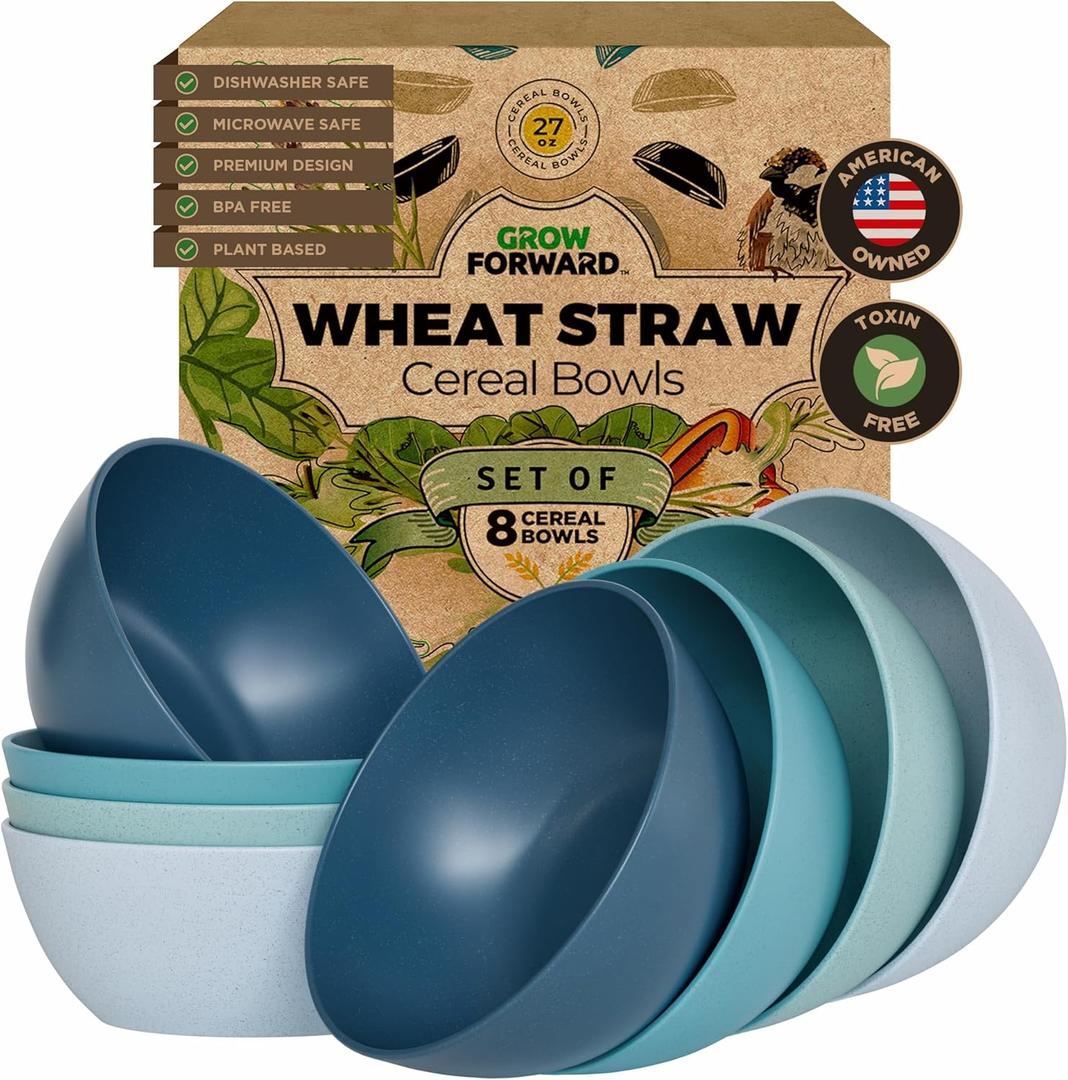 Grow Forward Premium Wheat Straw Bowls Set of 8 - Reusable 27oz Hard Plastic Cereal Bowls - Unbreakable Microwave Safe Bowls for Kitchen, Camping, RV, Dessert, Soup, Salad, Ramen - Seascape