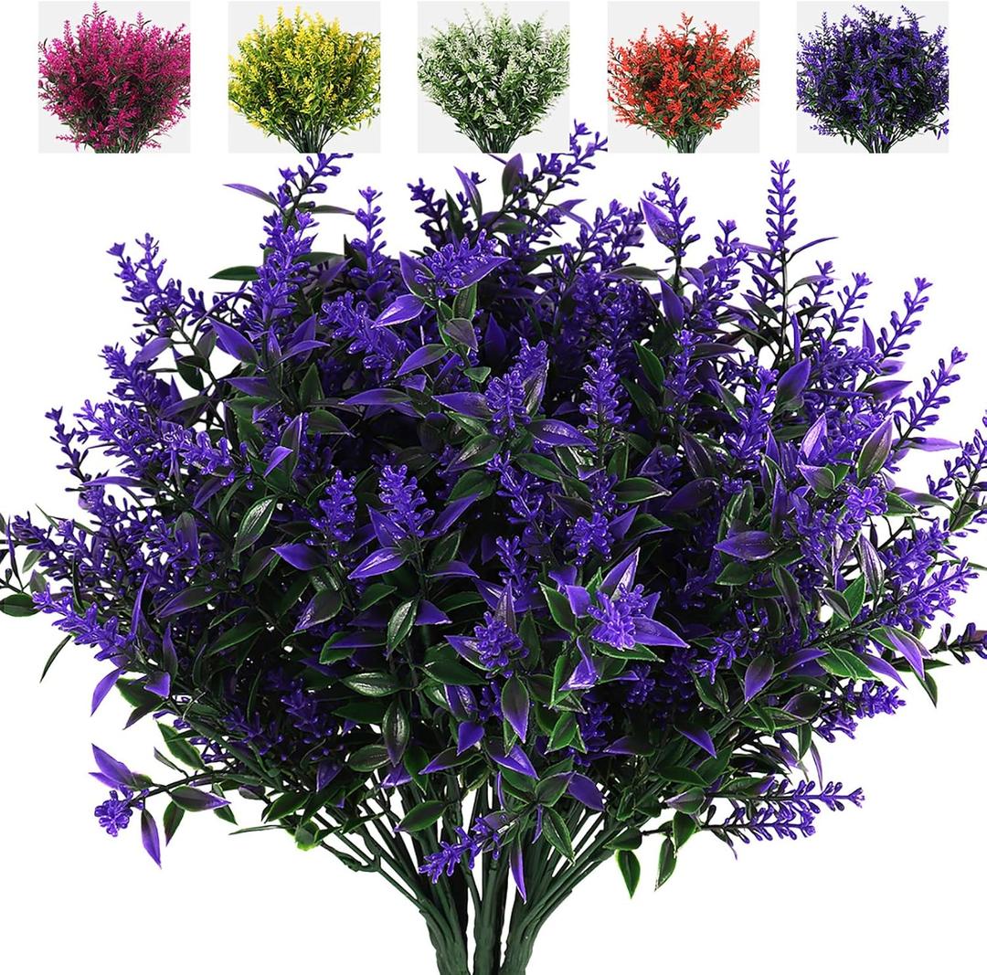 RECUTMS Artificial Greenery Lavender Fake Shrubs Flowers 8 Bundles UV Resistant Hanging Planter Flora Fence Indoor Outside Decor Wedding Table Flowers Arrangement Bouquet Filler (Purple)