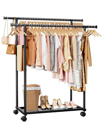 Sakugi Metal Clothes Rack - Double Rod Clothing Rack with Fixed Design and Rolling Wheels, Coat Rack with Built-In Shelf for Closet Organizers and Storage (38.5" x 16.9" x 59.0", Black)