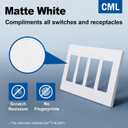 CML 4-Gang Matte White Decorator Screwless Wall Plates, 4 Pack Light Switch Covers, Standard Size 4.68 X 8.34, Scratch and Impact Resistant, Hidden Screws, Polycarbonate