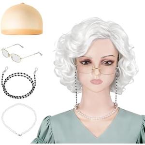 AQOYNQ Old Lady Wig for Women,5Pcs Gray Wigs for Women Grandma Wig Costume Breathable and Comfortable with Glasses, Pearl Necklace & Accessories