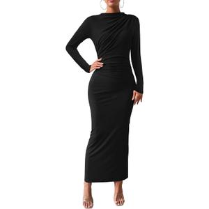 BTFBM Women Bodycon Maxi Dress Long Sleeve Back Slit Ruched Elegant Party Cocktail Formal Fall Wedding Guest Dresses (Black) XL