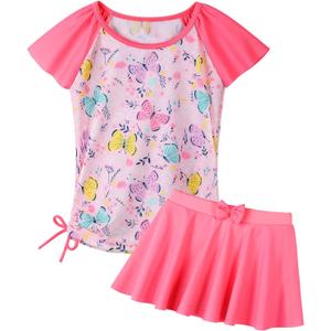 Girls Rash Guard 2 Pieces Bathing Suit UPF50+ Swimsuit with Swimming Skirt Swimwear 6Y (Pink)