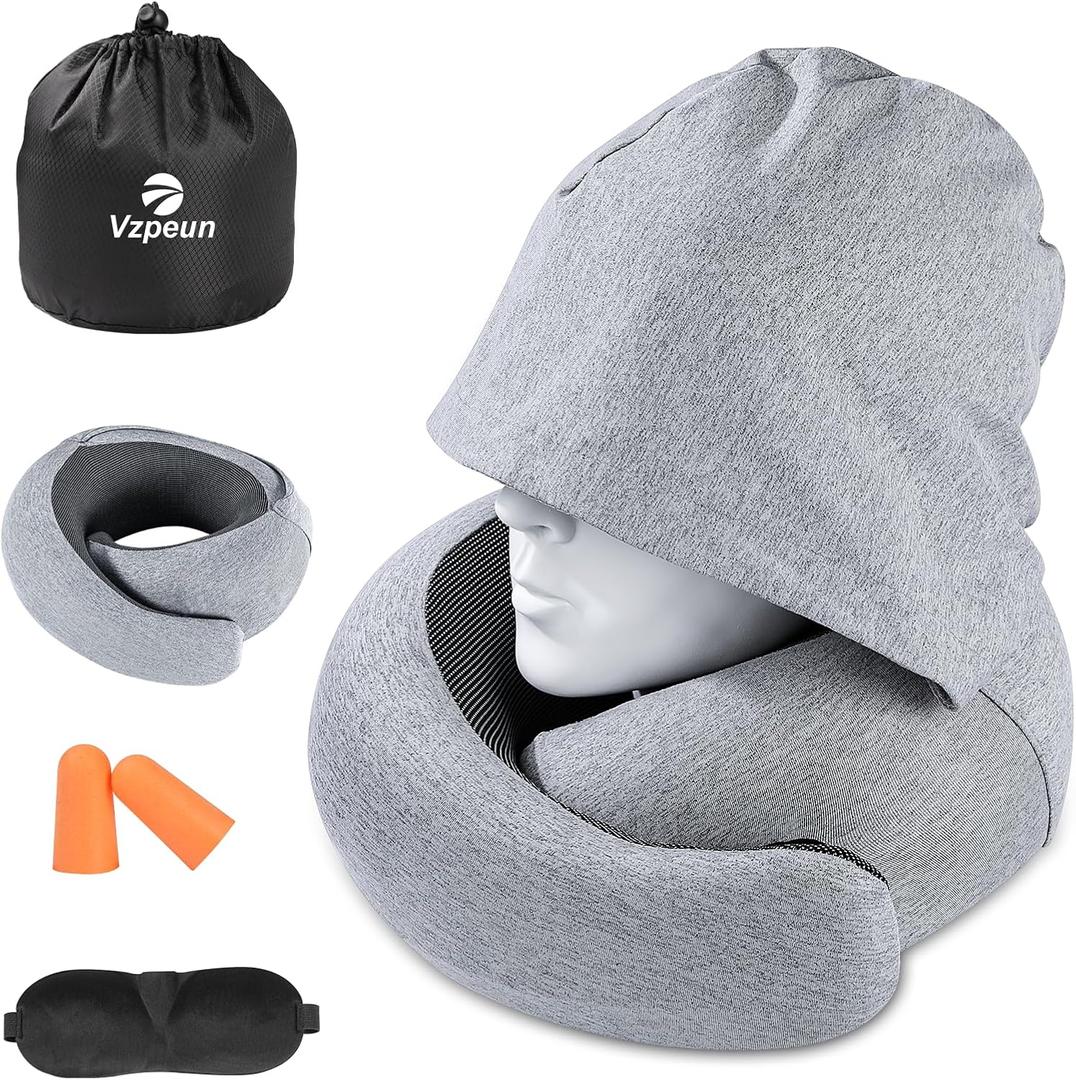 Travel Pillow - Hooded Neck Pillow Airplane Memory Foam Filling for Plane,Cars Sleeping, Road Trip, Long Flights, Portable Plane Accessories, Includes Eye Mask & Earplugs (Light Gray)