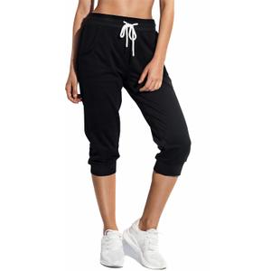 SPECIALMAGIC Women's Sweatpants Capri Pants Cropped Jogger Running Pants Lounge Loose Fit Drawstring Waist with Side Pockets (X-Large, Black)