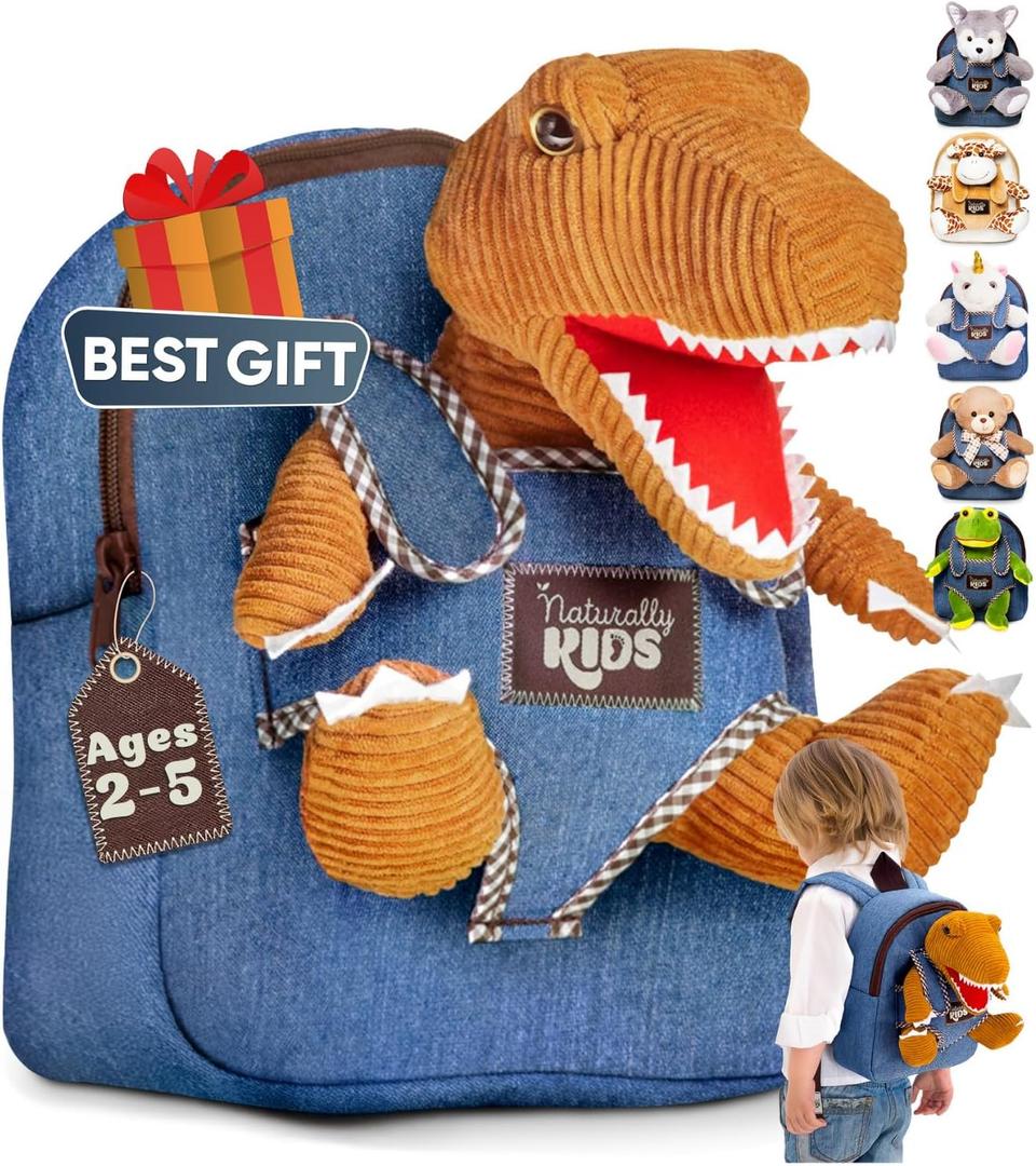 Naturally KIDS Toddler Backpack w Dinosaur Toys for Kids 2-4, 2 Year Old Boy Birthday Gift, 3 Year Old Boy Gift Girl, Toddler Dinosaur Toy