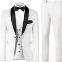 Men's 3 Piece Slim Fit Suit One Button Shawl Lapel Jacket Vest Pants Tuxedo Set with Bow Tie Pocket Square (White, XS)