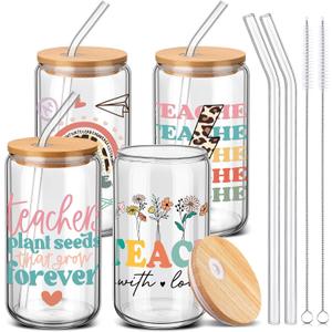 SiliFine 4 Pcs End of Year Teacher Gifts 16 oz Teacher Glass Cups with Lid and Straw Thank You Coffee Cup Teachers Can Shape Drinking Tumbler for Teachers End of Year Graduation Party Favors