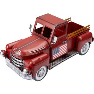 Vintage Red Truck Christmas Decor,Farmhouse Metal Trucks Planter, Decorative Americana Tabletop Storage,Patriotic Table Centerpiece Decorations