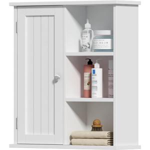 Treocho Bathroom Wall Cabinet, Medicine Cabinet with Door and 3 Open Shelves, Wall Mounted Storage Organizer for Bathroom, Kitchen, Living Room, White (6.3"D x 21.5"W x 24.02"H)