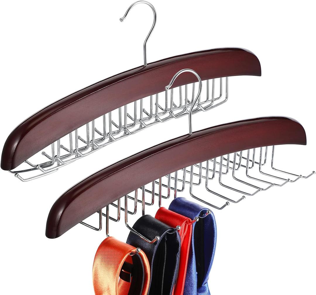 Jetec 2 Pieces Tie Rack Tie Hanger 24 Hooks Wooden Tie Rack Hanger for Closet 360 Degree Rotating Belt Holder Tie Organizer for Men Women Bras Tank Tops Camisoles(Coffee)