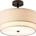 Drum Semi Flush Mount Ceiling Light, 16 inch 3 Lights Ceiling Light Fixture with 2-Layer Fabric Shade, Black Farmhouse Drum Ceiling Lighting for Bedroom Hallyway Dining Room Kitchen