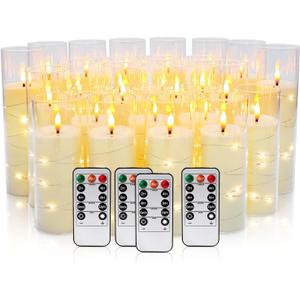 24 Pcs LED Flameless Candles with Remote, 3D Flickering Flame & LED String Lights, Acrylic Clear Cylinder, Timer Function, Romantic Ambience for Home Decor, Party, Wedding (Ivory).