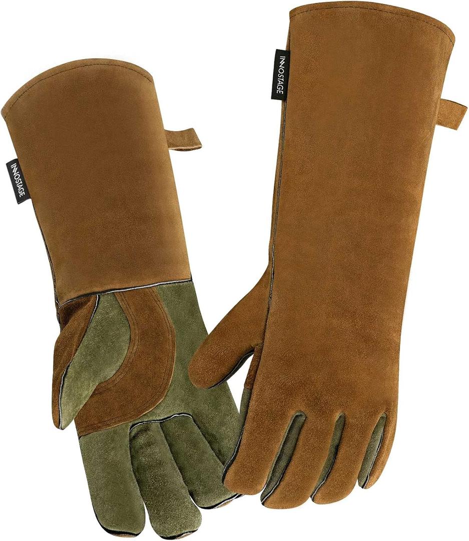 INNO STAGE Welding Gloves Heat Resistant 16 Inches Cowhide 662  Leather Forge Mig Welder Gloves for BBQ (Khaki)