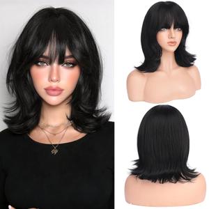 Haloo Black Short Bob Wigs with Bangs Shoulder Length Wavy Layered Flipped Ends Natural Looking Medium Synthetic Hair Wig for Women Daily Party, 14 Inch Natural Black