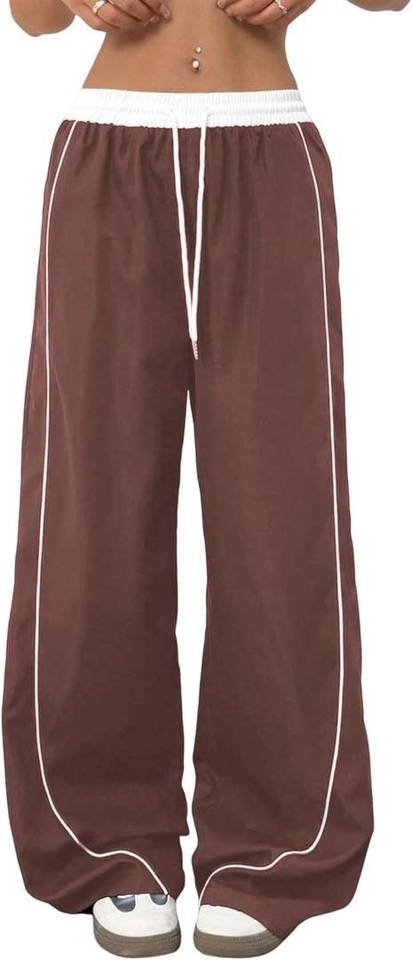 ZAFUL Women's Parachute Pants Y2K Wide Leg Cargo Sweatpants Drawstring Waist Jogger Pants with Pockets (Medium, 0-coffee)
