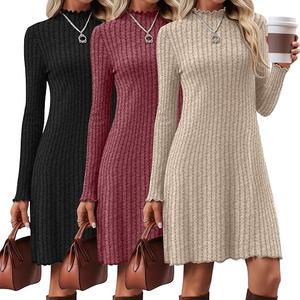 3 Pack Women's Long Sleeve Sweater Dresses Ribbed Knit Lettuce Trim Mock Turtleneck Short Casual Slim Fit Dresses Small