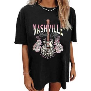 Oversized Rock Band T-Shirt Women Country Music Shirt Tops Nashville Music City T-shirt Vintage Guitar Wings Graphic Tees, M