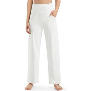 Promover Wide Leg Pants Woman Yoga Pants with Pockets Stretch Loose Casual Lounge Sweatpants Petite/Regular/Tall (White, L, 32")