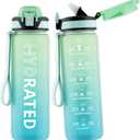 Water Bottle with Straw, 27oz Motivational Water Bottles with Time Marker to Drink, Tritan BPA Free, 750ml Sports Water Bottle with Carry Strap LeakProof for School Fitness Outdoor (1Pack) (Green Mint)