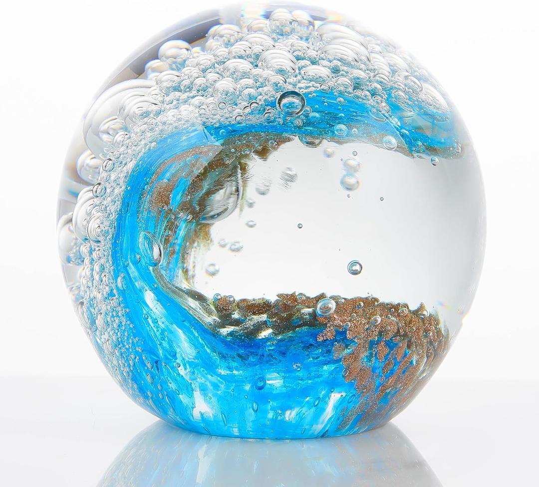 Qianwei Hand Blown Ocean Waves Crystal Ball - Glass Collectible Figurines Spere - Paperweight Glass Ball Aquarium DecorOffice Decor Ocean Lovers (Gold)
