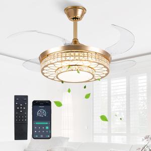 42" Retractable Ceiling Fans with Lights, Crystal Chandelier Ceiling Fan with Remote & APP Control, Modern Dimmable LED Fandelier for Living Room, Dinning Room, Bedroom (Gold)