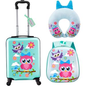 Sanwuta 4 Pcs Kids Luggage Set Kids Backpack Travel Rolling Suitcase with Wheels U-shape Pillow Childrens Gift for Girls Boys(17 Inch, Owl Style)