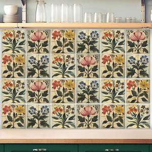 Faccito 24 Pcs Flower Tile Stickers 4x4 Inch Watercolor Retro Rustic Floral Peel and Stick Removable Self Adhesive PVC Waterproof Tile Stickers Farmhouse Wall Art Decal for Kitchen Bathroom Backsplash