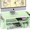 OPNICE Desk Organizers and Accessories, 2-Tier Computer Monitor Stand Riser with Drawer and 2 Pen Holders, Laptop Stand, Office Desk Accessories for Office Supplies, Green