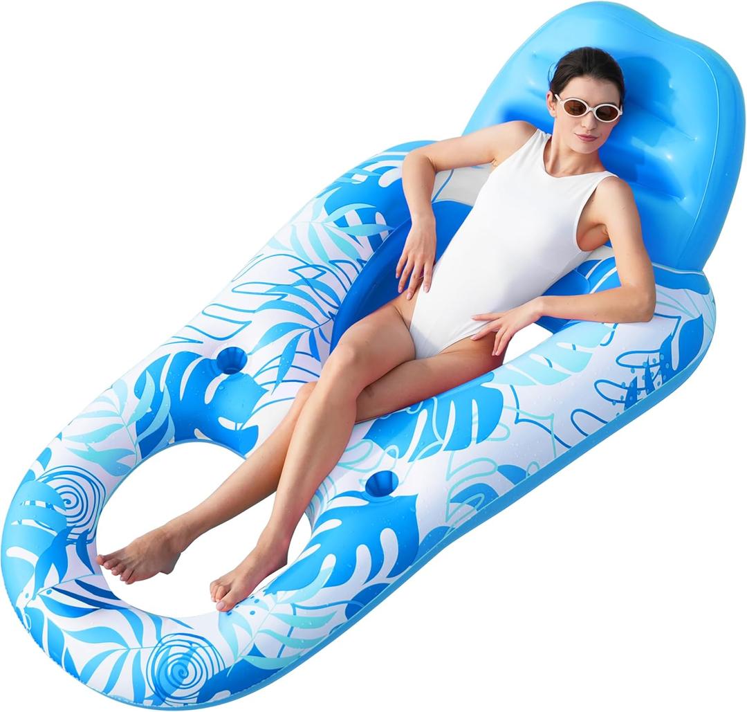 SLOOSH Inflatable Pool Floats Lounger Adult, Pool Float Lounge Raft Floaties Water Floating Recliner Chair with Cup Holders Foot Rest Swimming Floaty (Blue)