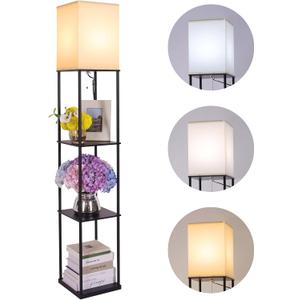 Gupuzm Floor Lamp with Shelves, Modern Square Standing Lamp with 3 Color Temperature Bulb, Corner Display Bookshelf Lamp for Living Room, Bedroom and Office (Black)
