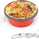 CCyanzi 1200ml Collapsible Camping Bowl Silicone Food Storage Container with Lid and Foldable Stainless Steel Fork Spoon, for Picnic, Travel, Camping, RV, Fridge and Microwave Bowls (Red)
