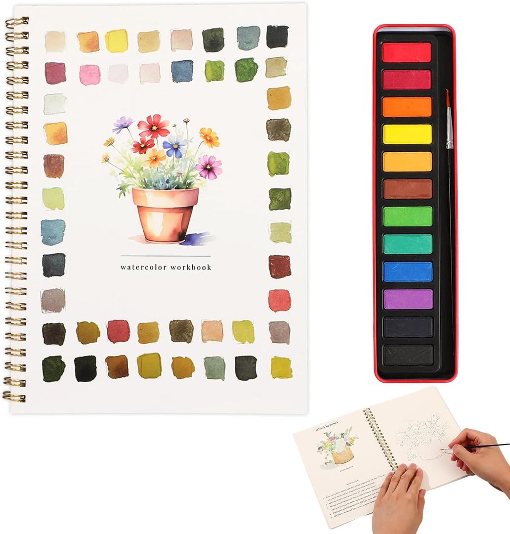 Watercolor Workbook, Water Coloring Book, Watercolor Paint Set, Beginner-Friendly WatercolorWorkbooks, with 12 Colors Watercolor Paint Set with Paint Brush, Watercolor Book for Adults(Potted Plant)