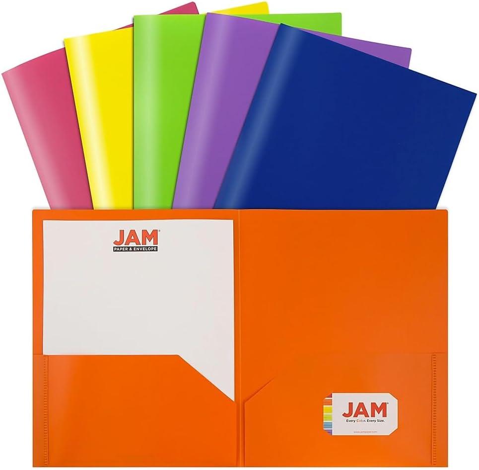 3 x JAM PAPER Plastic 2 Pocket POP Folders - Durable School Folders - Assorted Primary Colors - 6/Pack