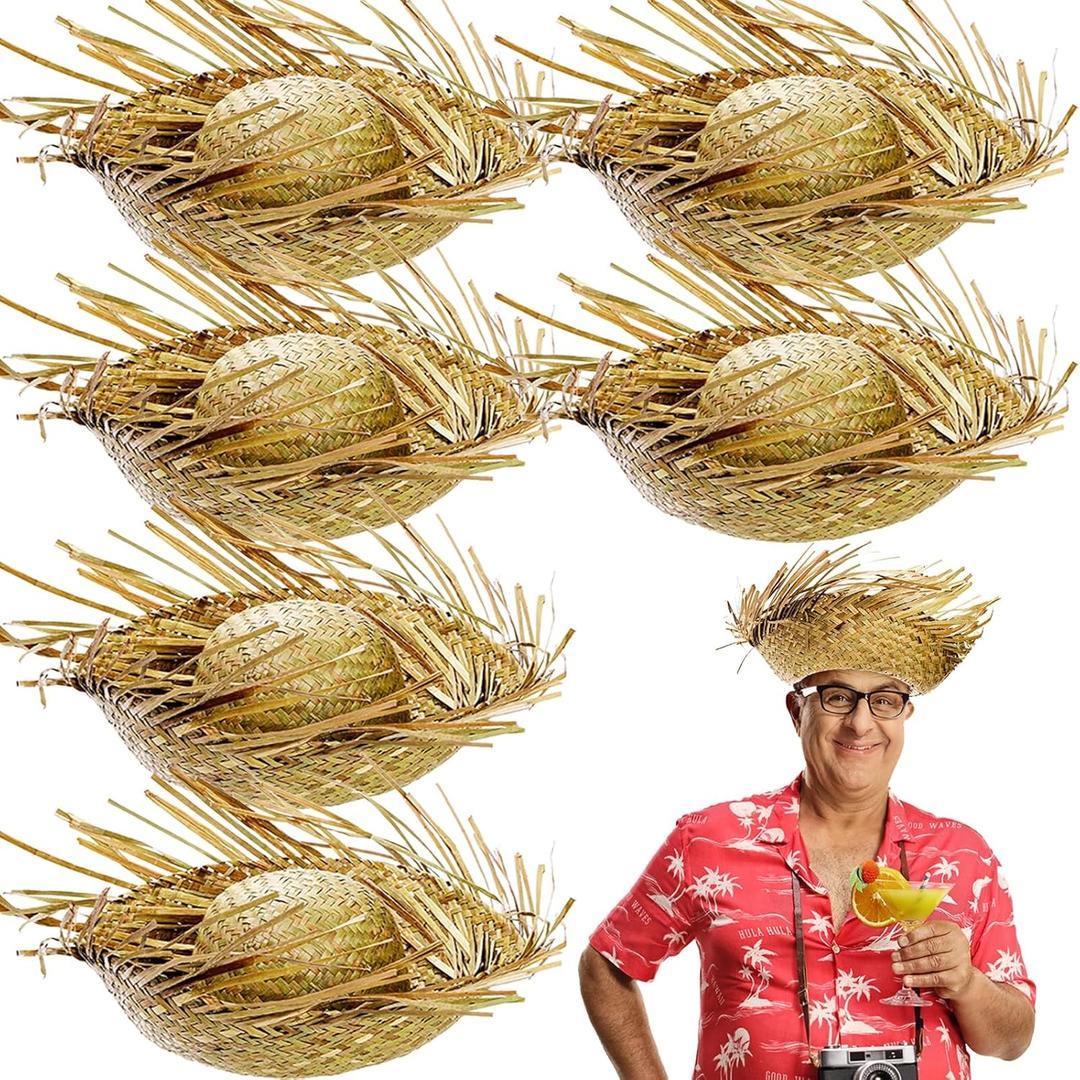 6 Pcs Straw Hat Hawaii, Beach Party Hat Costume, Beachcomber Hats for Women Men, Hawaiian Luau Hat Hillbilly Hat Farmer Hat for Summer Themed Party Props Decorations Accessories