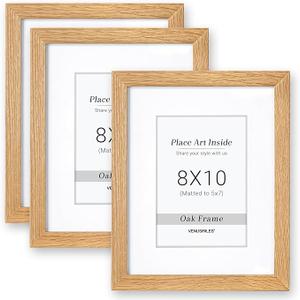 8x10 Picture Frame with 5x7 Mat, USA-Sourced Natural Oak Wood Photo Collage Frame with HD Tempered Glass, Double Mortise and Tenon Strips, Wall Display Horizontally and Vertically, 3 Pack