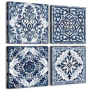 DJSYLIFE Bathroom Wall Decor Navy Blue Flower Paintings Canvas Prints Decoration Vintage Wall Art for Bedroom Framed Ready to Hang 12" Wx12 Hx4 pcs