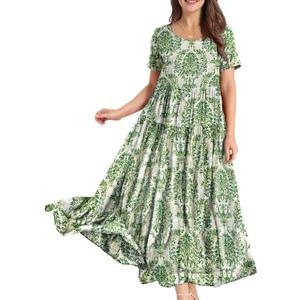 YESNO Women Casual Loose Bohemian Floral Dress with Pockets Short Sleeve Long Maxi Summer Beach Swing Dress EJF (Green, XXL)