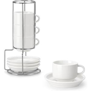 MALACASA 2.5 OZ Porcelain Espresso Cups with Saucers and Metal Stand Set of 4, Stackable Cappuccino Cups, White Expresso Shots Cup Set for Coffee Drinks, Latte, Tea