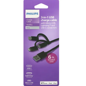 PHILIPS CHARGE 3 in 1 USB CABLE MOBILITY ELITE 6 ft