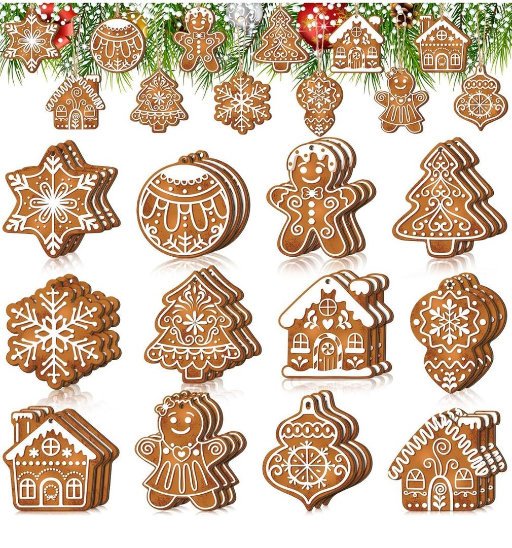 36 Pcs Christmas Gingerbread Ornaments for Tree Mini Snowflake Wooden Hanging Winter Xmas Ornaments with Ropes for Christmas Party Holiday Winter Crafts(Brown,Gingerbread)