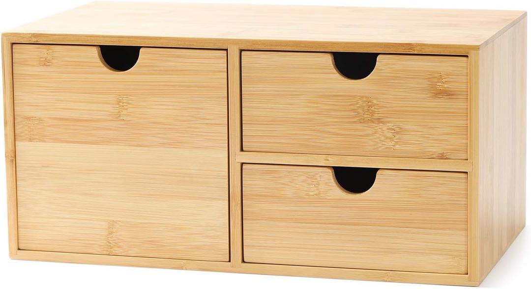 Wisuce Bamboo Desk Drawer Organizer, Desktop Organizer with Drawers Tabletop Storage Organization Box for Office Home Toiletries Supplies Vanity, No Assembly Required(3 Drawers-left right)