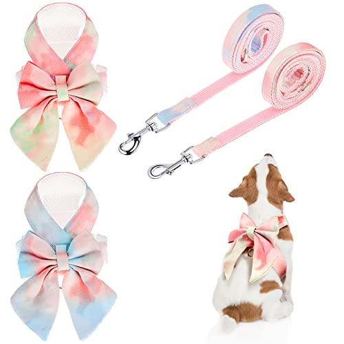 2 Sets Bow Tie Small Dog Harness and Leash Set Cute Dog Puppy Harness Adjustable Soft Mesh Dog Vest for Puppies Cat Pet Walking Training