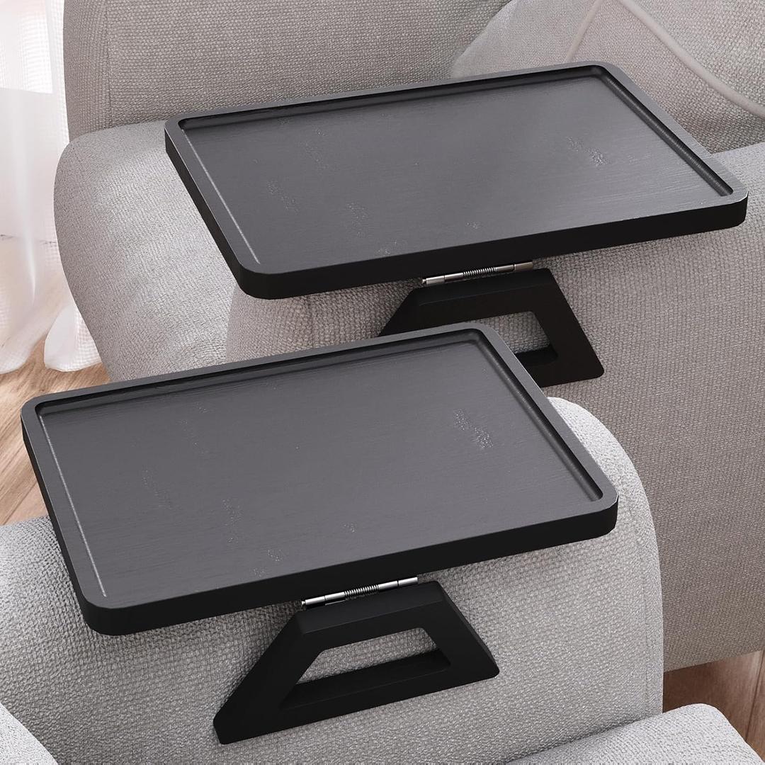 2 Pack Couch Arm Tray,Bamboo Folding Sofa Tray,Sofa Armrest Trays Clip-On Couch Desk for Drinks,Snacks,Phone,Remote Control Black